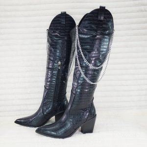 Elegant Black Croc-Embossed Heeled Boots with Silver Chains